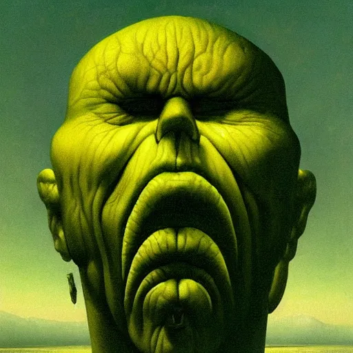 Prompt: Angry face made of yellow Swiss cheese, dark fantasy, green background, artstation, painted by Zdzisław Beksiński and Wayne Barlowe