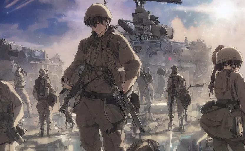 Image similar to anime style, modern warfare, panoramic view, searchlights in background, soldier clothing, hair down, real faces, symmetrical facial features, from arknights, hyper realistic, extreme detail, detailed drawing, trending pixiv, safebooru, d & d, realistic lighting, by alphonse mucha, greg rutkowski, sharp focus, backlit, mechanized transport