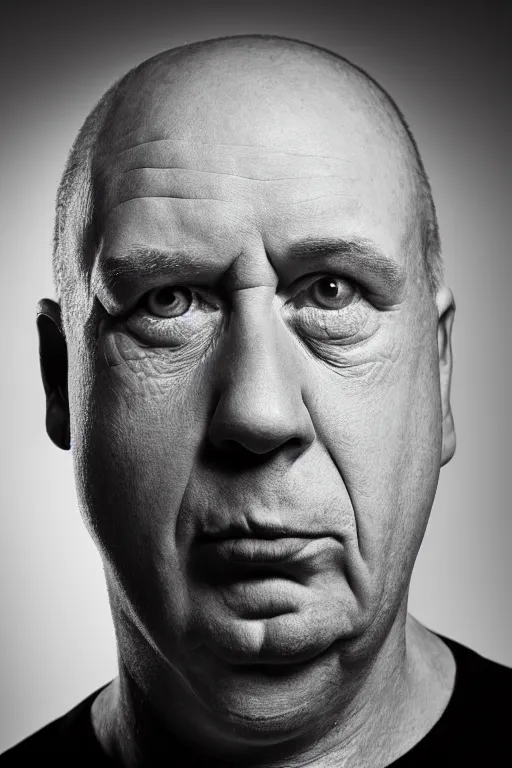 Image similar to studio portrait of man that looks excactly like homer simpson, lookalike, as if homer simpson came to life, soft light, black background, fine skin details, close shot, award winning photo by eolo perfido