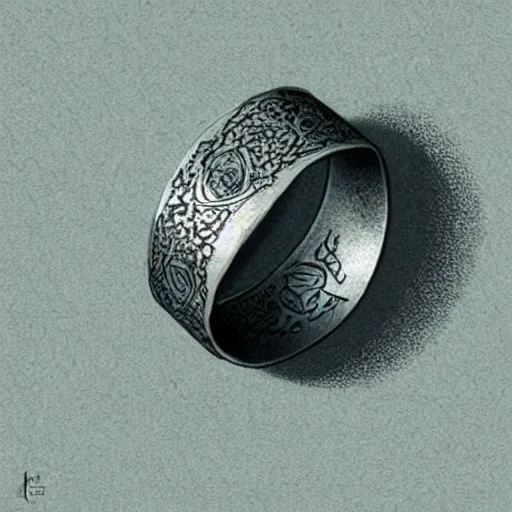 Image similar to the ring from lord if the rings with an imprinted ruler, cm scale imprinted on the inside of the ring, one ring to rule them all, dark background, highly detailed, 8 k, trending on artstation, mystic, rpg artwork, by peter jackson, by sauron