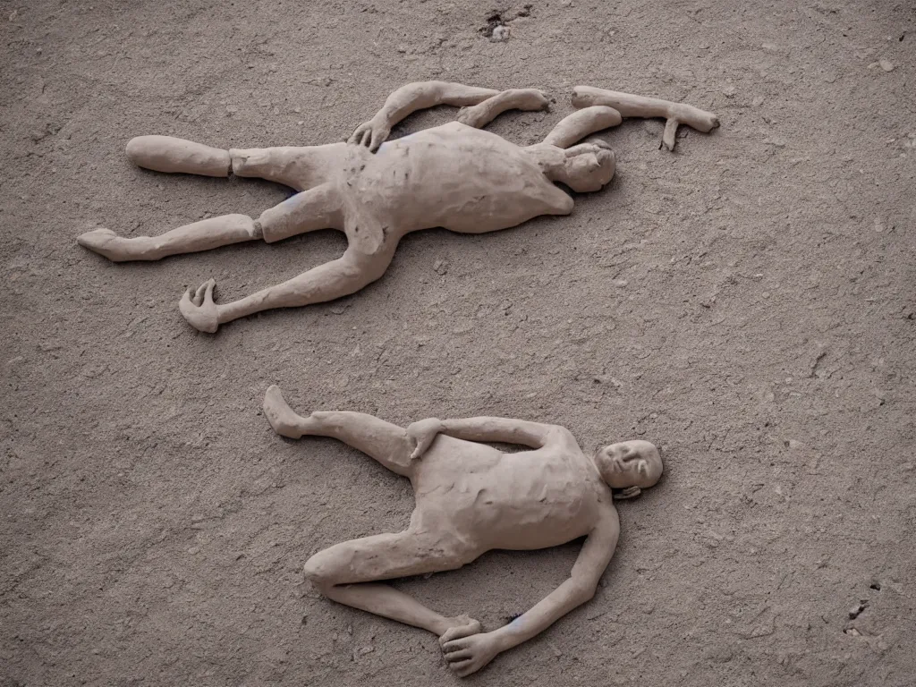 Image similar to man made of grey clay lying on floorboards