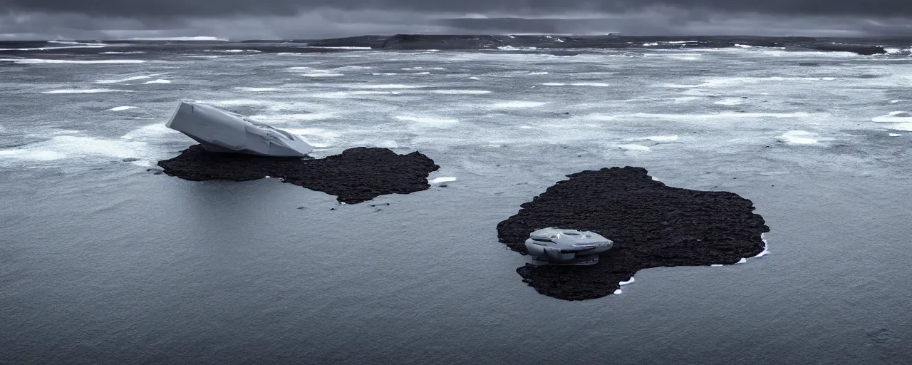 Image similar to cinematic shot of giant futuristic military spacecraft in the middle of an endless black sand beach in iceland with icebergs in the distance,, 2 8 mm