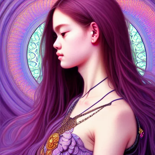 Prompt: portrait of jossi of blackpink, fractal goddess, highly detailed, digital painting, smooth, sharp focus, illustration, ultra realistic, 8 k, art by artgerm and alphonse mucha