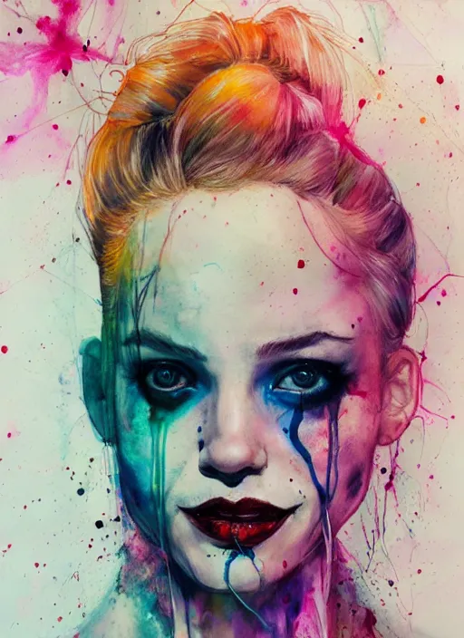 Image similar to harley quinn by agnes cecile, luminous design, pastel colours, ink drips, autumn lights