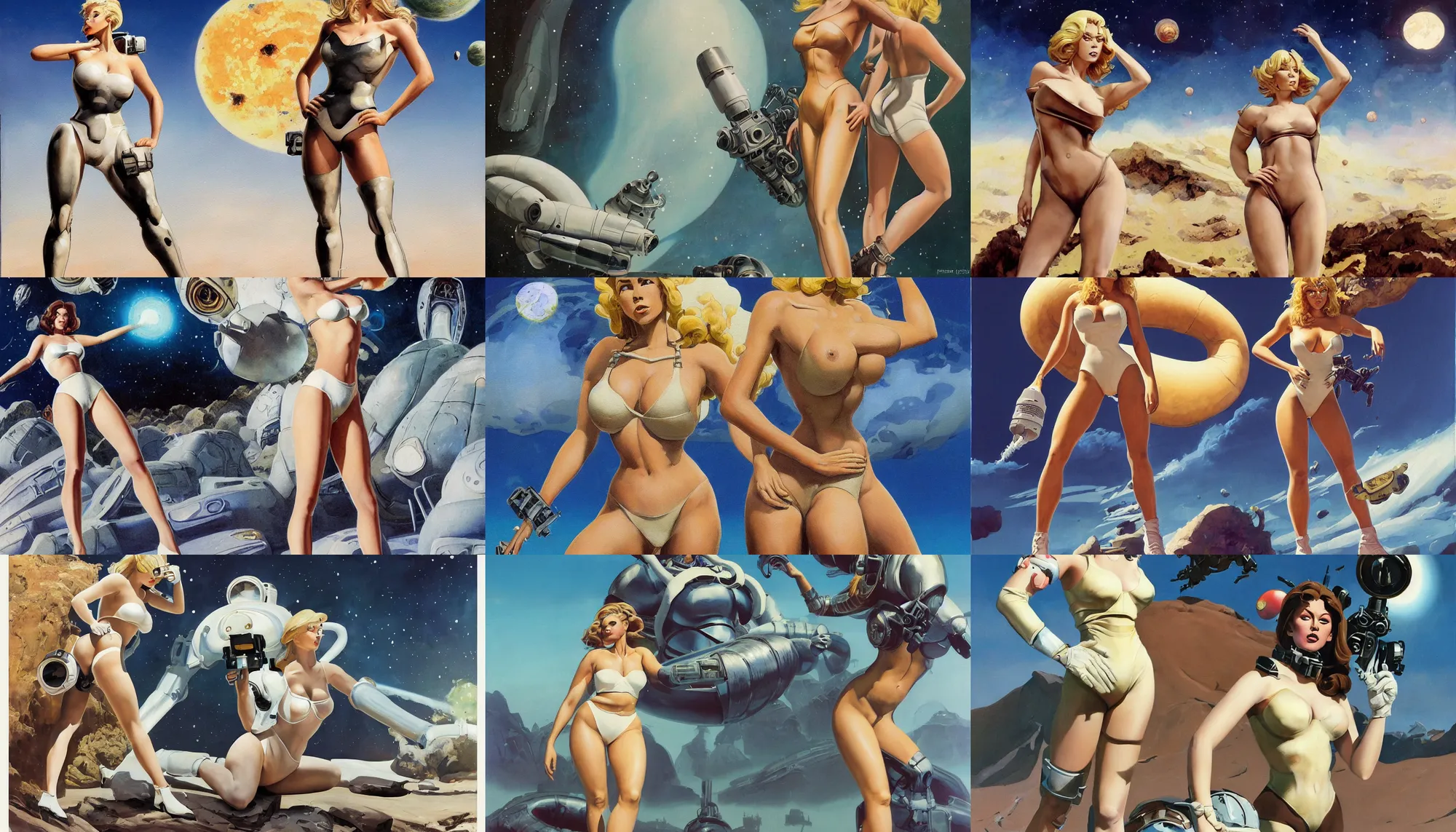 Image similar to A mixed media portrait painting of a beautiful blonde brunette woman exploring an alien planet, very curvy, aesthetic! high-waisted white-bikini-armor and boots, holding raygun, aesthetic symmetrical face and eyes, model, Scandinavian, wet, discarded mechsuit in background, by Frank Frazetta, Boris Vallejo, Beeple, Greg Rutkowski, Christian MacNevin, eighties-pinup style, epic fantasy character art, high fantasy, CGsociety, exquisite detail, post-processing, masterpiece, cinematic