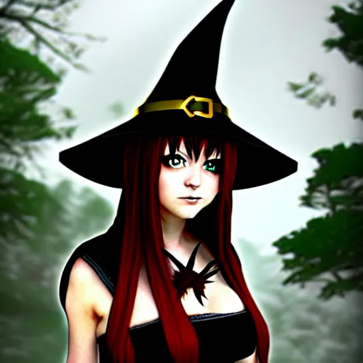 Prompt: fantasy rogue female, witch hat, forest, anime art, black hair, daggers