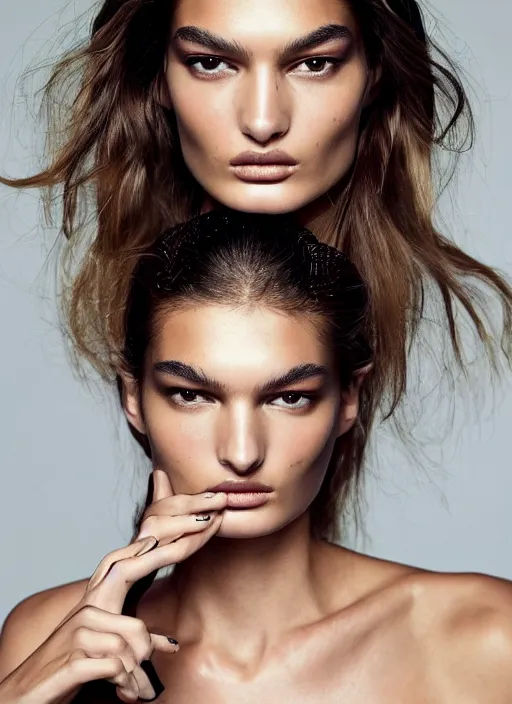 Prompt: A beautiful portrait of Ophelie Guillermand as a Versace fashion model Spring/Summer 2012, highly detailed, in the style of cinematic, Getty images, Milan fashion week backstage, Makeup by Pat McGrath, Greg rutkowski