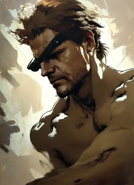 Prompt: beautiful neutral earth toned palette knife painting artwork of solid snake from metal gear solid 1 by yoji shinkawa jeremy mann, full body character portrait warhammer, charlie bowater and magali villeneuve and alphonse mucha, gaston bussiere, craig mullins, j. c. leyendecker, by artgerm