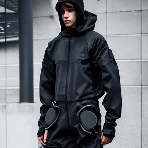 Prompt: techwear fashion in the streets, acronym, guerilla group, fashion study, photoshoot