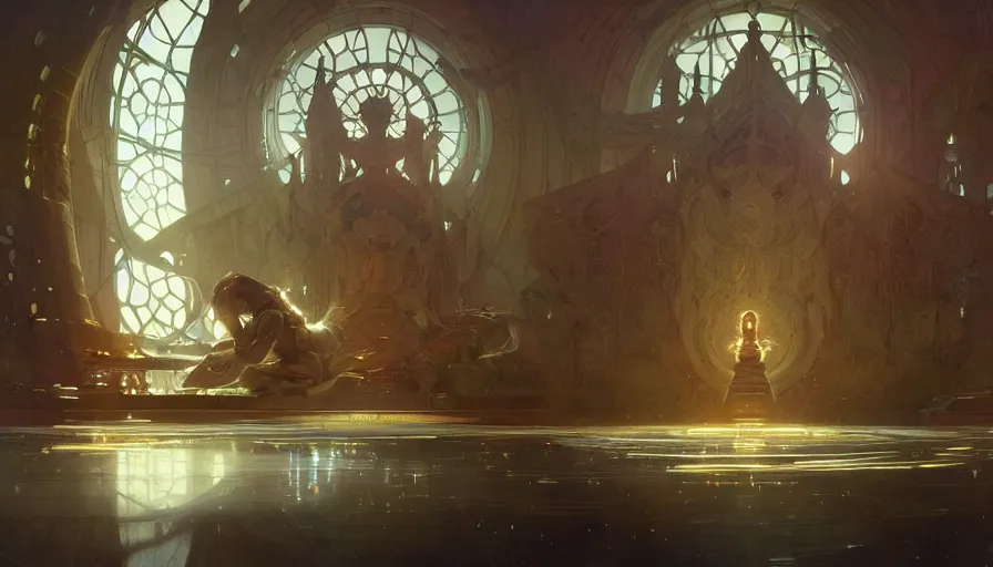 Prompt: a religious scifi room with a floating platform in the center and elegant, cinematic shot, intricate digital painting artstation concept art smooth sharp focus illustration, art by artgerm and greg rutkowski and alphonse mucha
