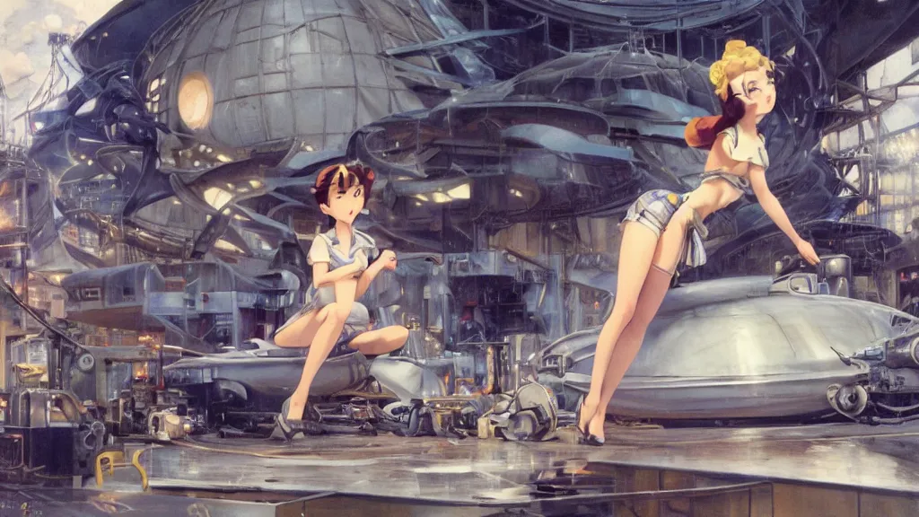 Image similar to a film still of a 1 9 5 0's mechanic anime girl sitting on top of flying ufo landing in hangar of giant ufo spaceship, sharp face focus, finely detailed features, full body mid shot, perfect art, trending on pixiv fanbox, painted by gaston bussiere, makoto shinkai, akihiko yoshida, gaston bussiere, craig mullins