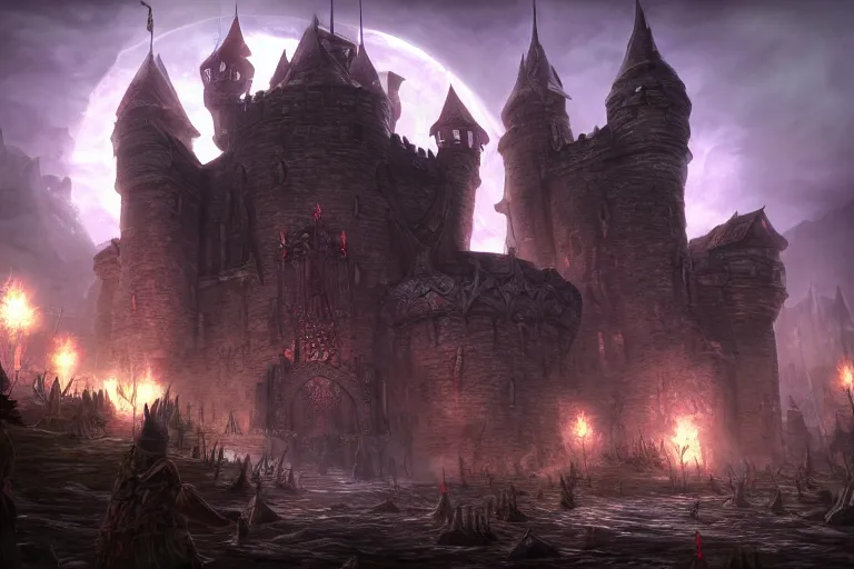 Image similar to big evil castle - city rock dark shadow elves, might and magic heroes vii, dark fantasy, shadows, artstation trending, unreal engine 5, red