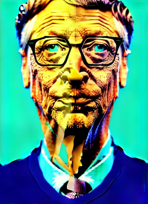 Prompt: highly detailed vfx portrait of bill gates, geometric polygons, global illumination, detailed and intricate environment by james jean, liam brazier, victo ngai and tristan eaton