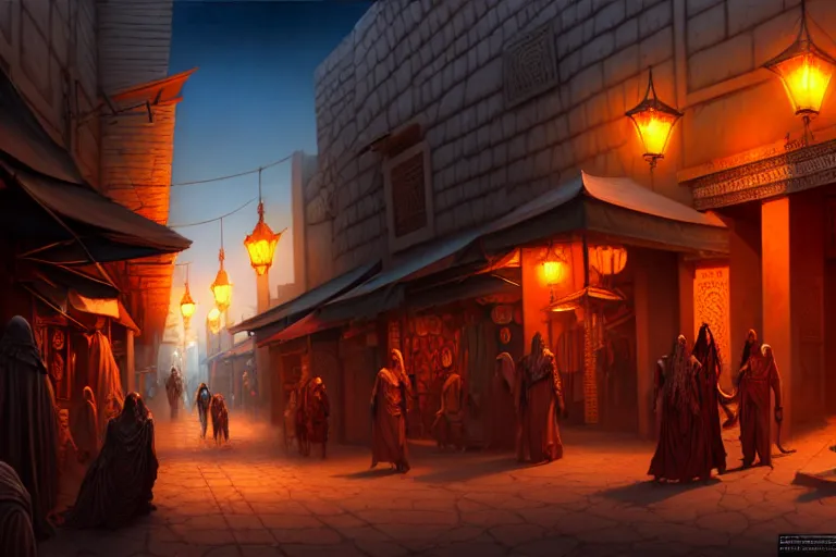 Image similar to a highly detailed bazaar street in the desert city of tyr from the land of athas, amazing dark sun digital painting, by gerald brom, brom digital art, concept art, intricate details, ultra realistic, beautiful art, volumetric lighting, dark sun - campaign setting, by brom, trending cgsociety, artstation, rim lighting, 8 k