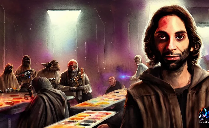 Image similar to a realistic star wars watercolor fantasy concept art of a drug dealer that looks like chris d'elia in a sleazy futuristic bar of coruscant, hq, 4 k