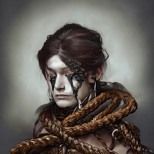 Image similar to portrait of a Shibari rope wrapped face and neck, headshot, insanely nice professional hair style, dramatic hair color, digital painting, of a old 15th century, old cyborg merchant, amber jewels, baroque, ornate clothing, scifi, realistic, hyperdetailed, chiaroscuro, concept art, art by Franz Hals and Jon Foster and Ayami Kojima and Amano and Karol Bak,