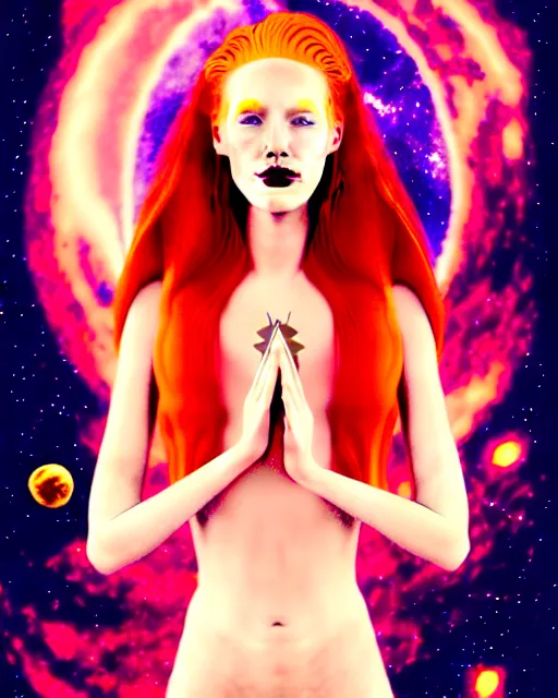 Image similar to tarot card of space astral girl, red hair, ginger hair, fantasy, glowing skin, smooth face, perfect eyes