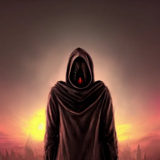 Image similar to hooded figure standing at the edge of reality gazing into the unknown, sunset on distant machine planet, steampunk, cyberpunk, detailed digital painting, smooth, sharp focus, artstation, artgerm, 4 k ultra hd, fantasy dark art