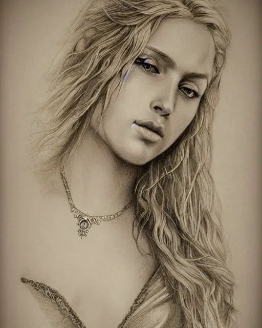 Image similar to pencil drawing of beautiful greek goddess aphrodite with arrowhead jewelry, beautiful piercing eyes, beautiful blonde hair, hyper realistic face, in the style of greg rutkowski, fantasy, amazing detail, epic, elegant, smooth, sharp focus, from the front