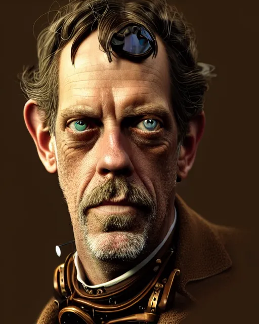 Image similar to steampunk portrait of hugh laurie, au naturel, hyper detailed, digital art, trending in artstation, cinematic lighting, studio quality, smooth render, unreal engine 5 rendered, octane rendered, art style by klimt and nixeu and ian sprigger and wlop and krenz cushart.