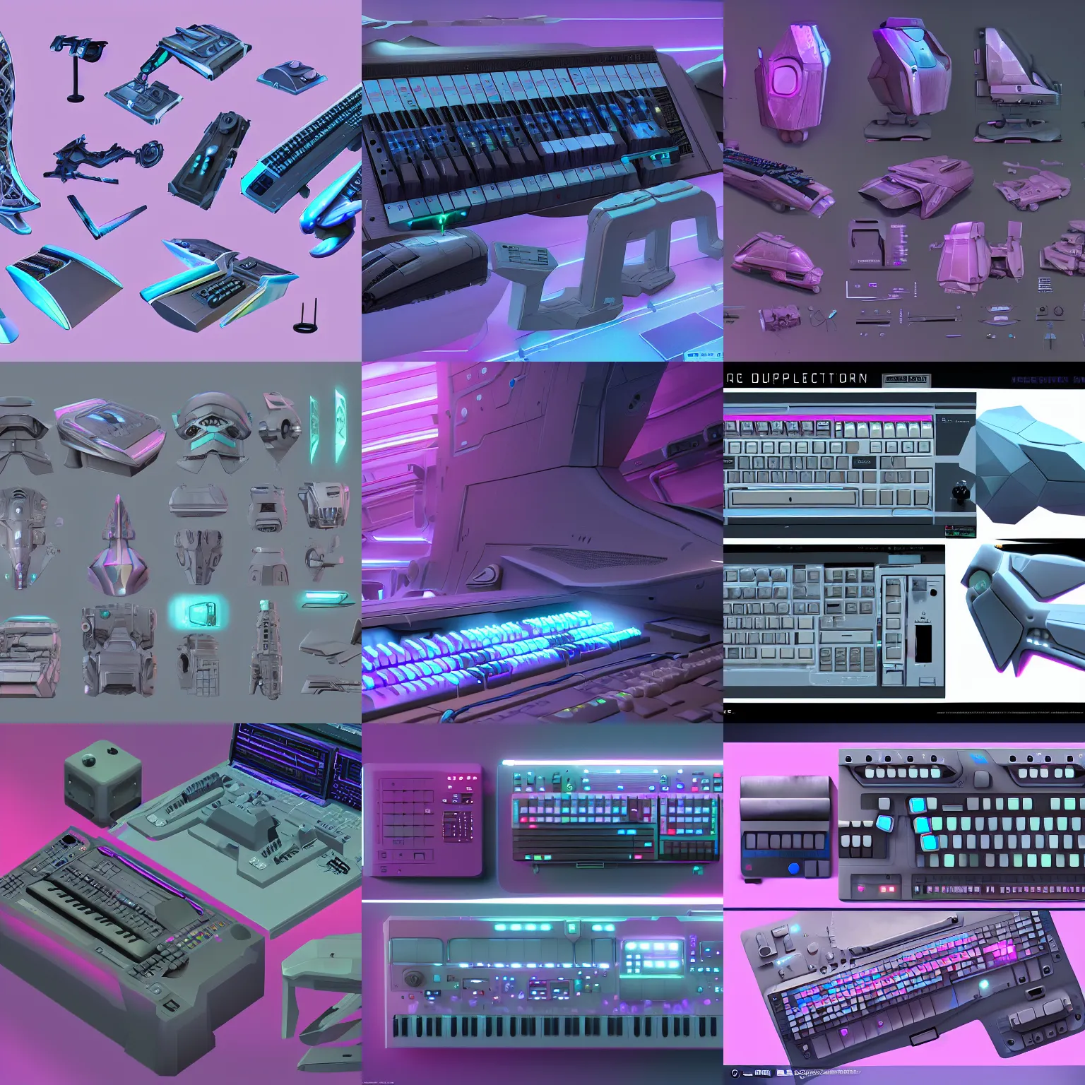 Prompt: Hard Surface Shape Form Exploration, Detailed, artstation, 8k, pastel colors, props, panel, concept, keyboard synthesizer, instrument, keyboard workstation, futuristic, greeble, collection, parts,