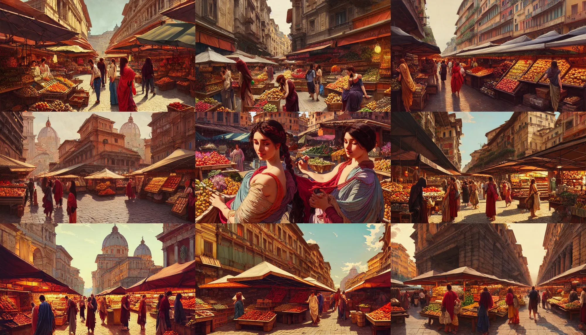 Prompt: market in ancient rome, path traced, highly detailed, high quality, digital painting, alena aenami, lilia alvarado, shinji aramaki, karol bak, alphonse mucha, tom bagshaw