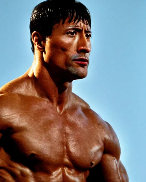 Image similar to Film still close-up shot of Dwayne Johnson as Rocky Balboa from the movie Rocky. Photographic, photography