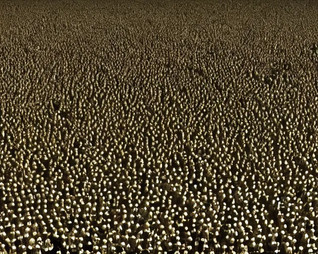 Image similar to a swarm of humans form an unreal locust formation. they fly in unison as one creature inspired by trypophobia. they glow with gods grace