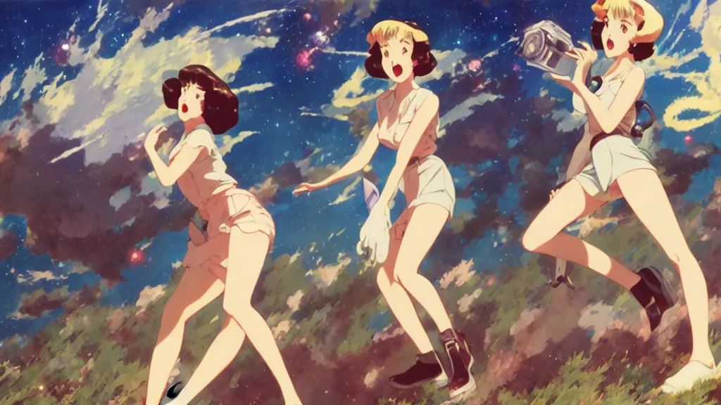 Prompt: a film still of a 1 9 5 0's anime girls at another planet, full body mid shot, perfect art, trending on pixiv fanbox, painted by gaston bussiere, makoto shinkai, akihiko yoshida, craig mullins, studio ghibli