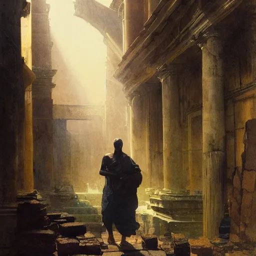 Image similar to half portait of magican wearing a closed cowl and carrying big old book! jeremy mann, jean leon gerome, tiepolo, alphonse mucha, greg rutkowski, face in the shadows, ( ( ruins of ancient rome ) ), at dusk, mysterious atmosphere, sunrays, dof, masterpiece, high detailed, 8 k