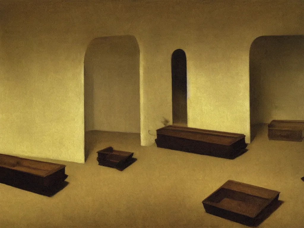 Prompt: Room full of dark coffins. Grazing, golden light, high contrast. Painting by Vilhelm Hammershoi, Morandi