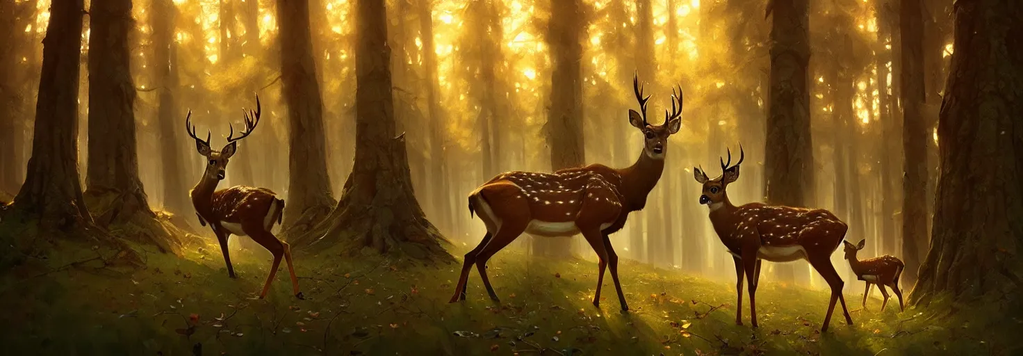 Image similar to Deer in Sherwood Forest, full frame, highly detailed, digital painting, artstation, concept art, smooth, sharp focus, illustration, art greg rutkowski and alphonse mucha