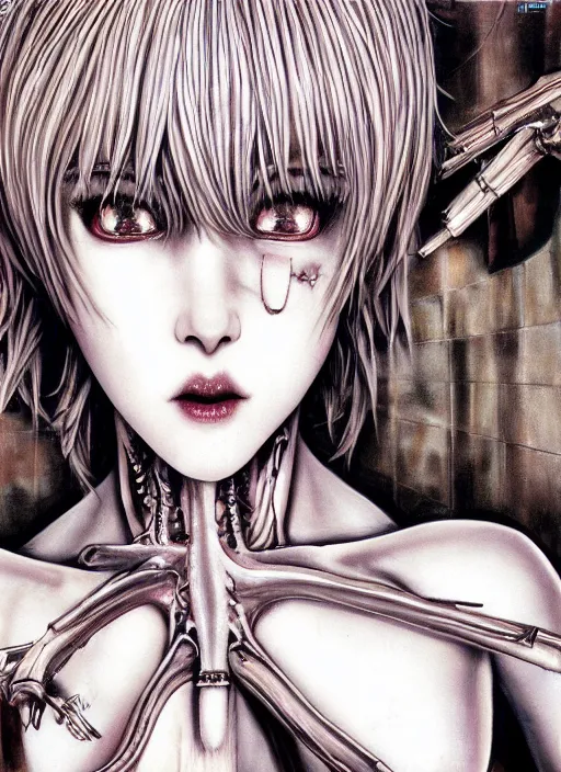 Prompt: Rei Ayanami by Yoshitaka Amano, by HR Giger, 4k, hyper detailed, hyperrealism