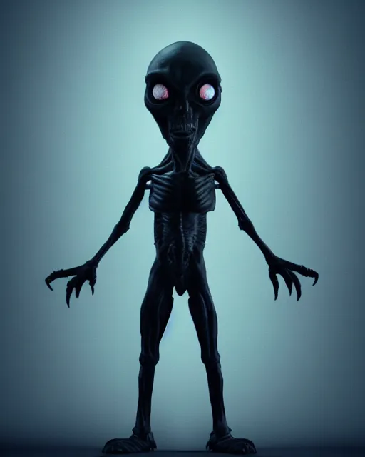 Image similar to full body dark and intimidating portrait of an angry grey alien with sharp glowing black eyes, standing upright with blue wispy light highlighting from behind its figure on a black background, scary, dark and high resolution, 3 d, rim lighting, octane render, 8 k, ultra detailed, photorealistic,