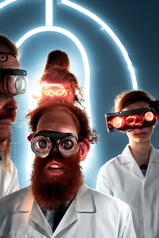 Image similar to a person with 3 eyes, person with a 3rd eye in the middle of their forehead, an awkwardly tall scientist with 3 eyes and a tangled beard and unruly red hair atop his balding head wearing a headlamp a labcoat and welding goggles and holding a beaker, led headlamp, high resolution film still, movie by Ivan Reitman