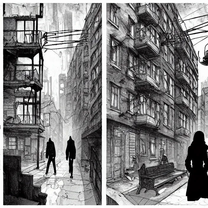 Prompt: storyboard panel : sadie sink in hoodie sits on bench in ruined square, pedestrians walk by, steampunk tenement windows in background. scifi cyberpunk. by gabriel hardman. cinematic atmosphere, detailed and intricate, perfect anatomy