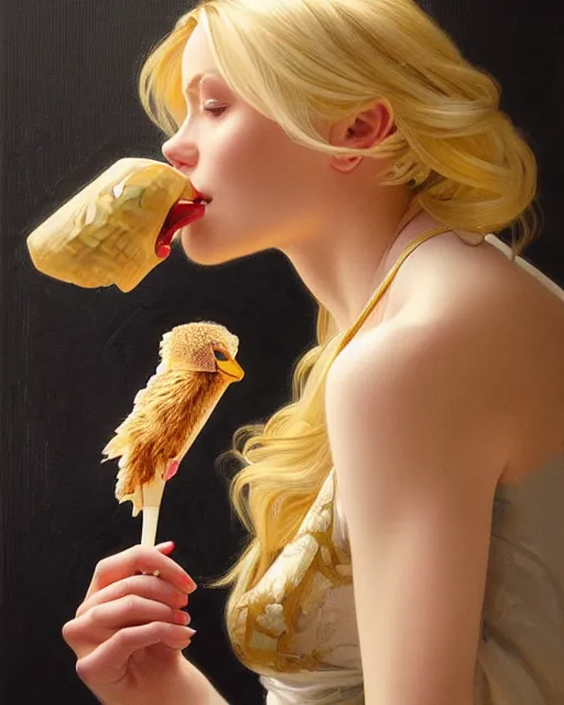 Prompt: Portrait of a  blonde woman and a mallard eating ice creams inp Porto,real life skin, intricate, elegant, highly detailed, artstation, concept art, smooth, sharp focus, art by artgerm and greg rutkowski and alphonse mucha