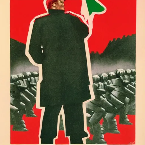 Prompt: ussr propaganda art demonstrating red army soldier looking as donald trump