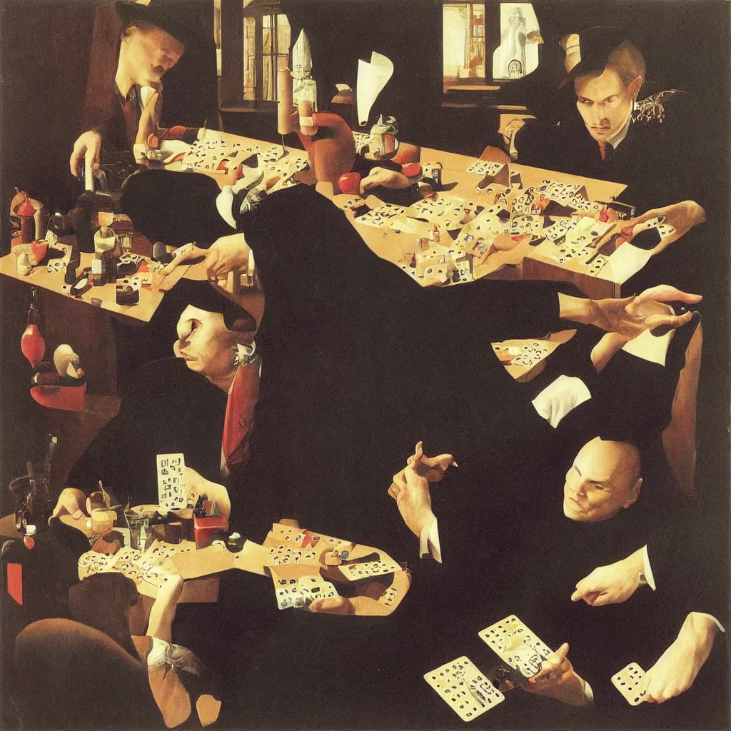 Image similar to Portrait of BILLY CORGAN PLAying DOMINOES. Painting by Jan van Eyck, Audubon, Rene Magritte, Agnes Pelton, Max Ernst, Walton Ford