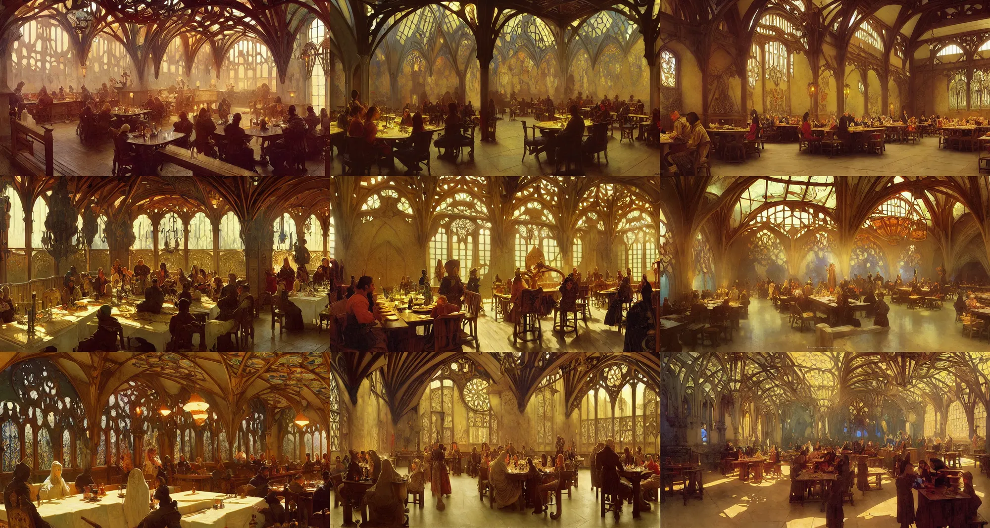 Prompt: medieval dining hall, art nouveau architecture, fantasy, art by joseph leyendecker, ivan aivazovsky, ruan jia, reza afshar, marc simonetti, alphonse mucha