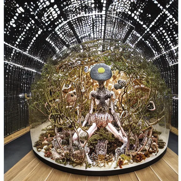 Image similar to symmetric frame from Prometheus, biomechanical gaia, by guo pei and alexander mcqueen metal couture editorial, in mycelium macro mushroom hanging garden by giger by utagawa kuniyoshi by Yuko Shimizu