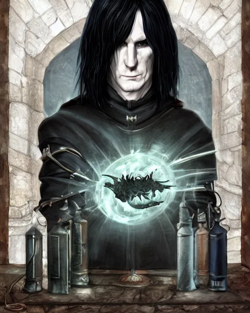 Image similar to An epic fantasy comic book style portrait painting of a very imposing Industrial goth Trent Reznor as Severus Snape at Hogwarts, character design by Mark Ryden and Pixar and Hayao Miyazaki, unreal 5, DAZ, hyperrealistic, octane render, cosplay, RPG portrait, dynamic lighting, intricate detail, cinematic