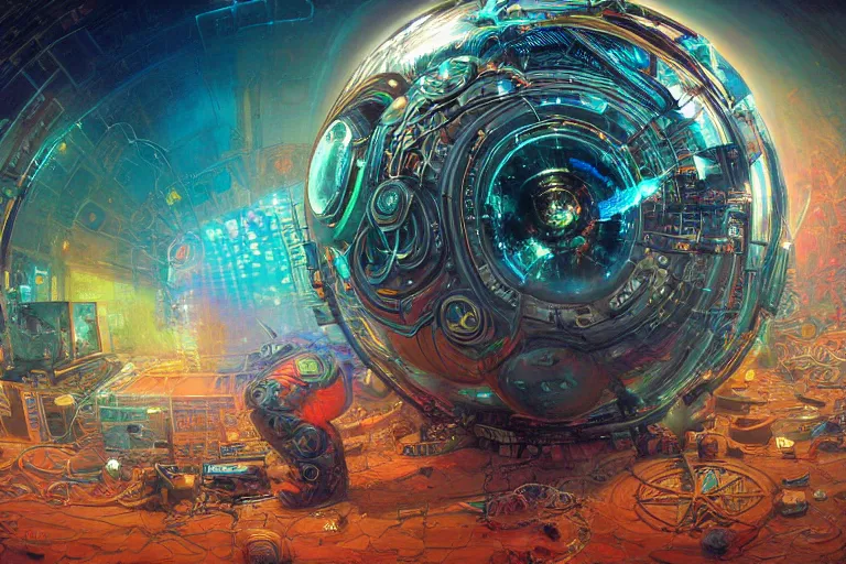 Prompt: a fisheye lens photo of a post apocalyptic tribal neon cyborg dj tweaking and playing synthesizers in the most complicated and technical spiral fractal musical studio, powerful, cinematic, beautifully lit, by donato giancola, by artgerm, by karol bak, 3 d, perfect face and body, trending on artstation, octane render, 8 k