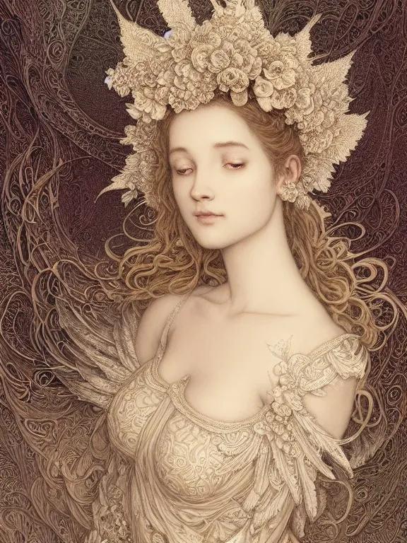 Prompt: Gustave dore beautiful maiden ivory mask intricate ornate wings fractal-lace iridescent-gemstone wearing ivory rococo dress, full view, soft lighting, Hyperdetailed, 4k hd matte painting by Artgerm, Kelly McKernan, Marc Simonetti, Mucha, Klimt, Moebius, James Jean, Irina Istratova, 8k resolution, enchanting and otherworldly, Artstation, CGsociety, detailed, front view