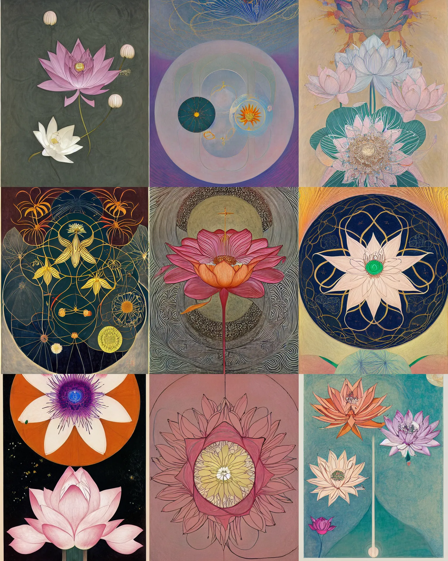 Image similar to blossoming lotus by hilma af klint, moebius, victo ngai, laurie greasly