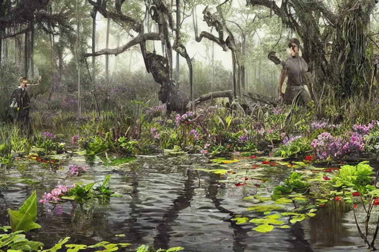 Image similar to hyperrealism, scene from louisiana swamps, starship, spring blooming flowers garden, true detective, 8 0 s japanese sci - fi books art