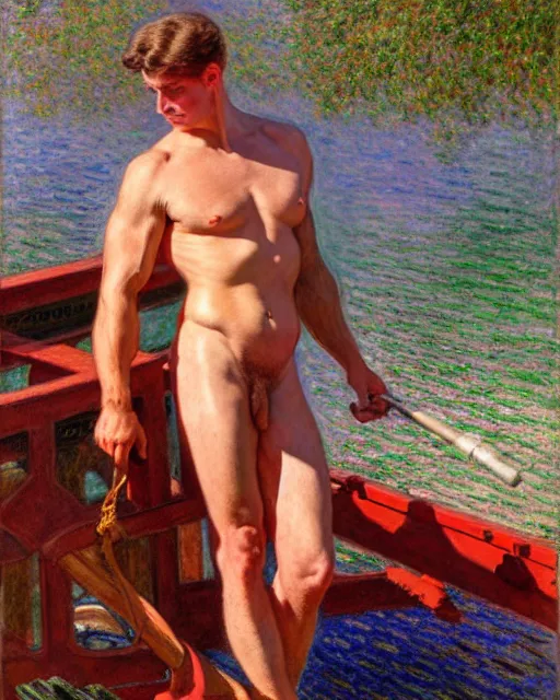 Image similar to muscular postman sitting on a dock on a lake, sunlight shining on his skin, reflective water, painting by tom of finland, gaston bussiere, craig mullins, j. c. leyendecker, claude monet
