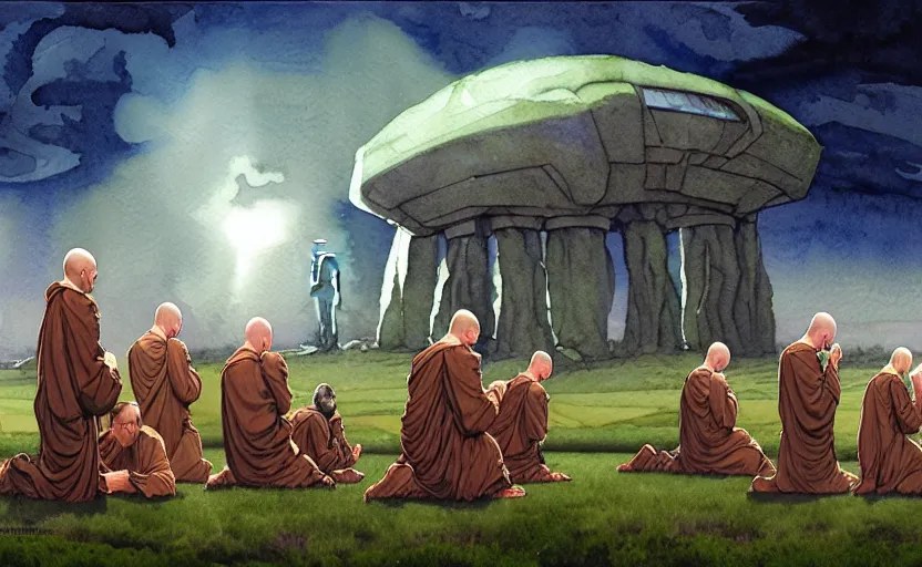 Prompt: a hyperrealist watercolour character concept art portrait of a group of irish monks kneeling down in prayer to a tall elegant lovecraftian alien on a misty night in stone henge. a battlecruiser starship is in the background. by rebecca guay, michael kaluta, charles vess and jean moebius giraud