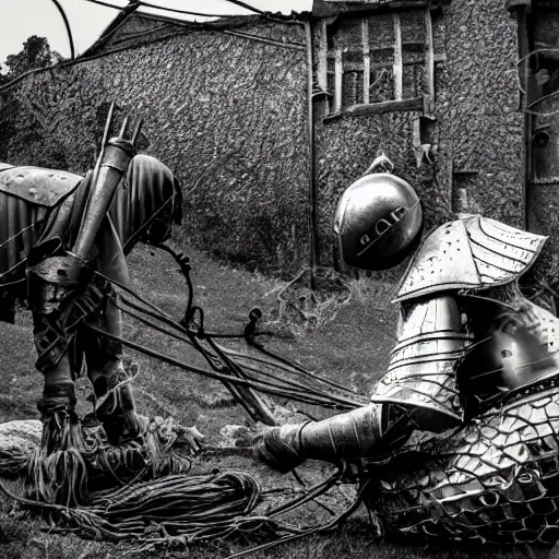 Image similar to wise angle photo of viking in armor working on the mechanical ancient device, tools and junk on the ground,wires and lights, old village in the distance, vintage old photo, black and white, sepia