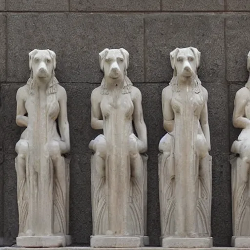 Prompt: a group of caryatids, but dog caryatids.